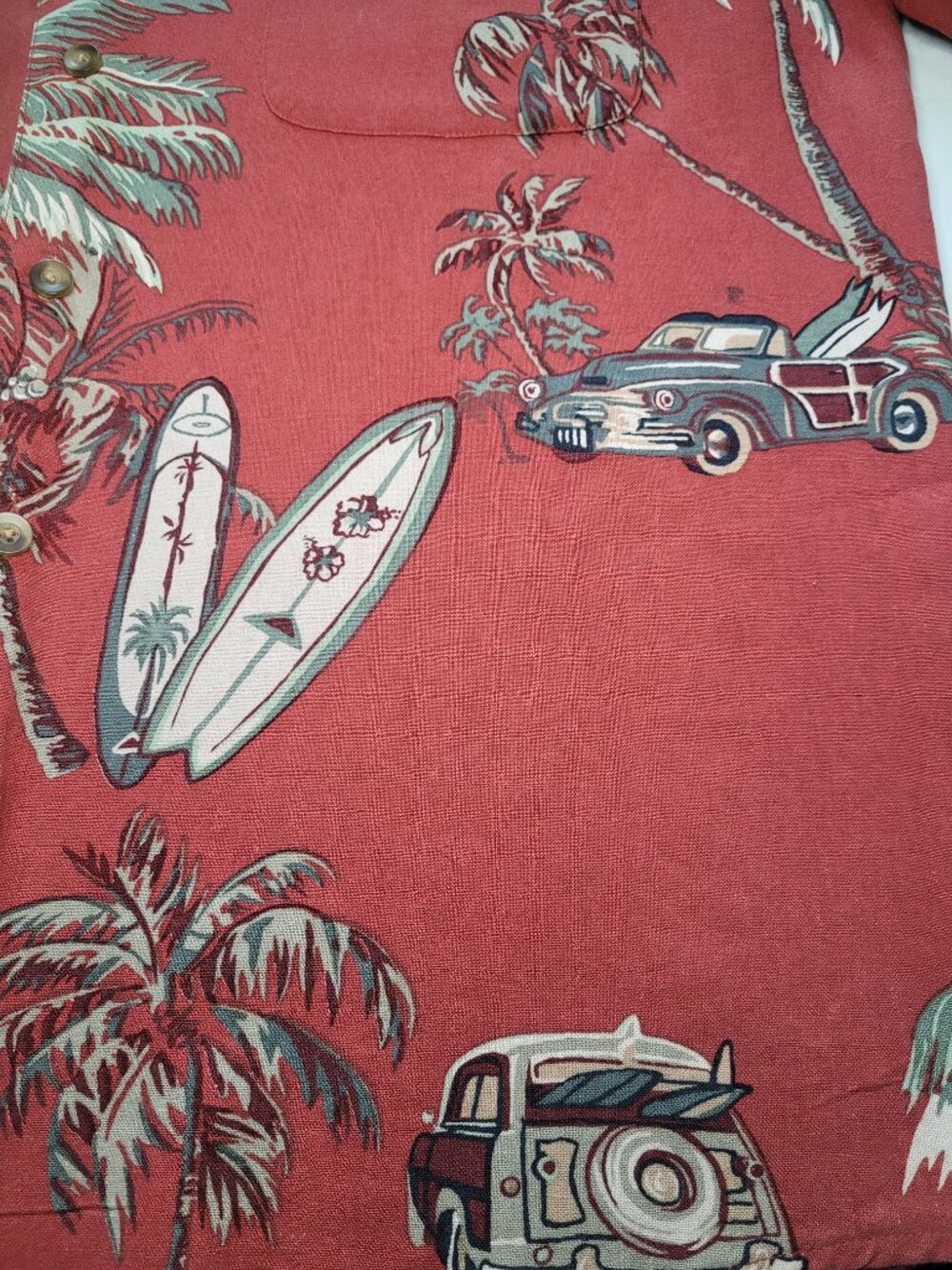 Summa Red Hawaiian Silk Blend Shirt Surfboard Woody Wagon Print Mens Large - Picture 4 of 9